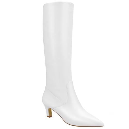 Knee High Boots for Women - Long Tall Boots for Women Faux Leather Block Heel Pointed Toe with Side Zipper Fall Winter 8.5 White