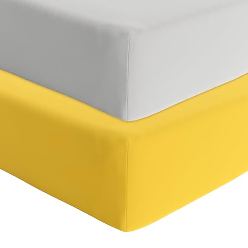 Image of Featherhead™ 2-Pack Fitted Crib Sheets - 100% Cotton - 52" x 28" x 9" for Standard Crib and Toddler Mattress (Percale Grey Yellow)