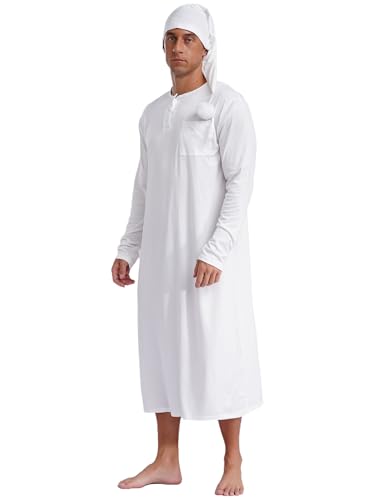 Men's Pajamas Set Long Sleeve Sleep Robe Nightshirt with Pom-pom Sleeping Cap Sleepwear2
