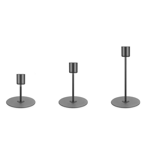 3 Pcs Chandelier Bougeoir Noirs, 9.5/12/17 cm Bougie Chandelier en Métal, Bougeoirs pour Bougies Coniques Rétro Métal Hauts Decoratif pour Décoration de Table Maison Mariage Noël(Noir)