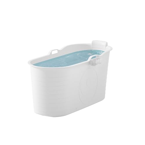 FlinQ - XXL Mobile Badewanne Erwachsene mit Badeaccessoires - 120 x 53.5 x 61 cm - Komfortable Sitzbadewanne Erwachsene zur Tiefenentspannung - Auch als Eistonne geeignet - Weiß - 230 Liter