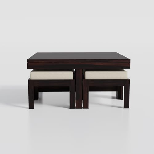 Image of Solid Sheesham Wood Coffee Table with 4 Stool | Square Centre Table with Stool | Center Table with 4 Stools for Living Room|Patio Table with 4 Puffy for Home| wallnut Finish, Pre Assembled