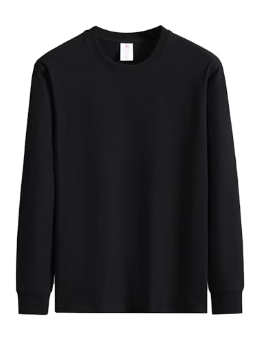 TTAO Men Long Sleeve Cotton T-Shirts Solid Crewneck Pullover Sweatshirts Active Athletic Performance Shirts Black Large