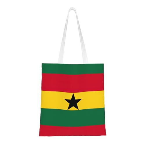 Flag Of Ghana Print Reusable Canvas Tote, Shopping Bag With Handles For Daily And Grocery Use