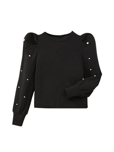 Floerns Girl's Pearl Beaded Puff Long Sleeve Pullover Top Crew Neck Ribbed T Shirts