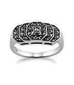 Image of Gemondo USA Sterling Silver 925 Three Layered Octagon Medallion Marcasite Ring Vintage Art Deco Design Band Ring