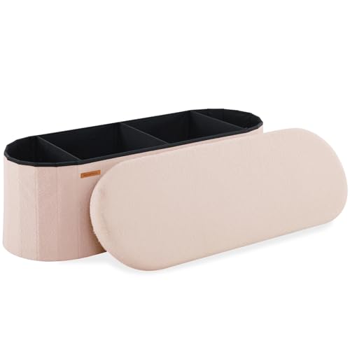 HAUSFRAU Taburete con espacio de almacenamiento, banco plegable, caja de almacenamiento, soporta hasta 300 kg, reposapiés para salón, dormitorio, pasillo, 110 x 38 x 38 cm, forro polar rosa
