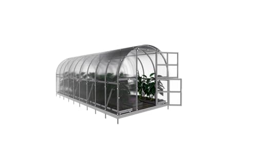 Juego de invernaderos KLASIKA 3 x 6 m con policarbonato de 6 mm, puerta adicional, estante, sistema de riego, 2 camas elevadas y abridor automático de tragaluces