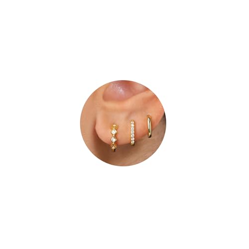 Image of Freekiss 3 Pairs Gold Hoop Earrings Set: Dainty Stud Earrings Trendy Small 14K Gold Plated Hypoallergenic Dangle Cartilage Huggie Hoop Earrings for Women Gold Jewelry for Women Gifts