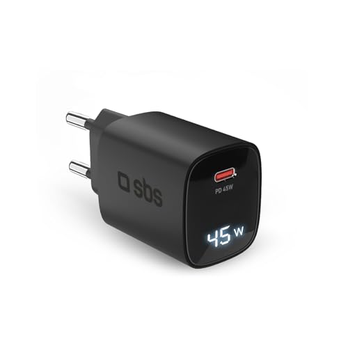SBS Cargador USB-C 45W con pantalla LCD, enchufe europeo, Power Delivery, ideal para teléfonos inteligentes Android, iPhone, Tableta, MacBook