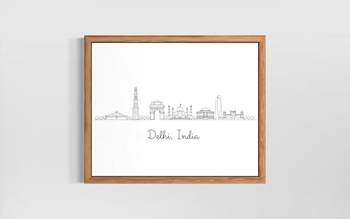 Delhi, India Poster Print Wall Art -Modern City Skyline Landmarks - Line Drawing - Sketch Minimalist Art Room B35 (Delhi, India, 24" L x 18" W, Wood Frame)