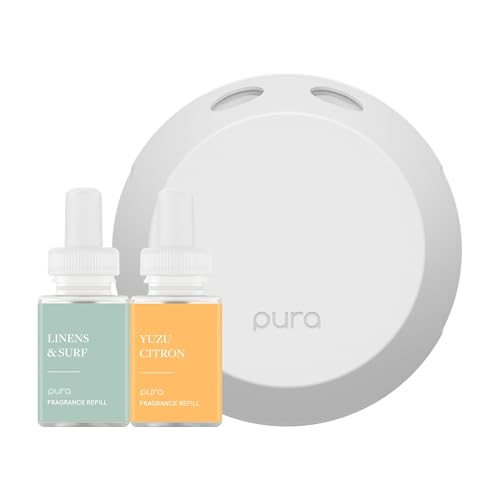 Pura - Smart Home Fragrance Device Starter Set - Pura 4 - Scent Diffuser for Home - Includes Fragrance Aroma Diffuser - Square Box, Linens & Surf and Yuzu Citron Scent Refills