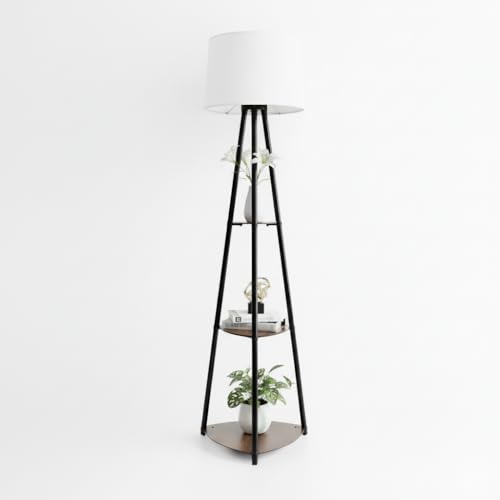 Image of Tripod Metal Floor Lamp with Shelves - Stylish Standing Lamp for Living Room Decoration Bedroom Bedside Corner Stand Aesthetic Home Decor with Storage Shelves (Cotton White) LED Bulb Included