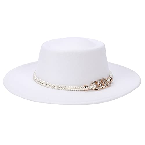 Hadm Women Vintage Wide Brim Fedora Hat With Belt Buckle Classic Felt Jazz Hat White #TOP1