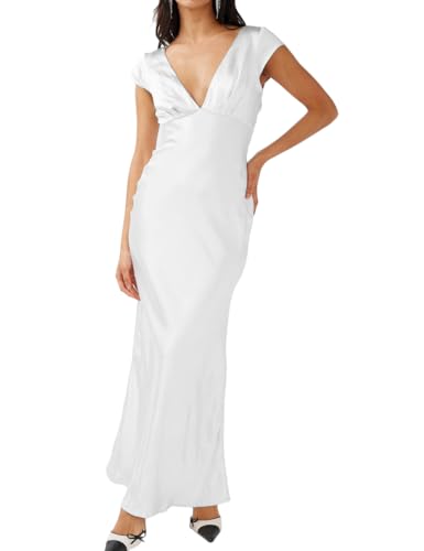 Image of Halfisland Womens Summer Satin V Neck Cap Sleeve Midi Dress Wedding Guest | 2026 Summer,Backless,Hollow Out,Long,Formal,Cocktail,Twist,Bridesmaid,Party,Baby Shower,Short Sleeve,Beach,Elegant,Evening
