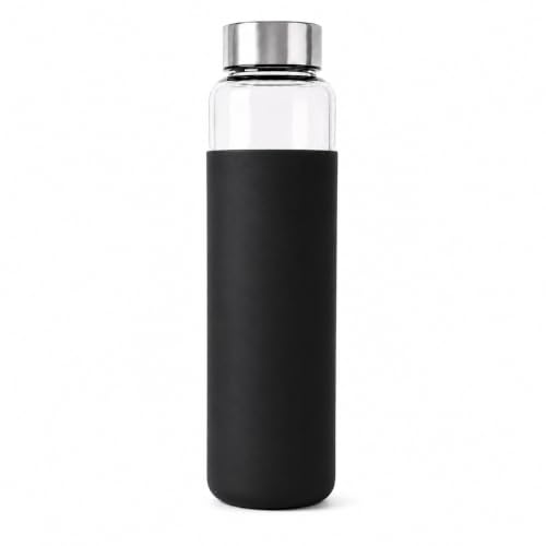Image of Borosilicate Glass Water Bottle with Silicone Cover | 1 Litre 1000ml | Thermal Shock Resistant | Leakproof Steel Cap | BPA Free | Home Office Gym Fridge