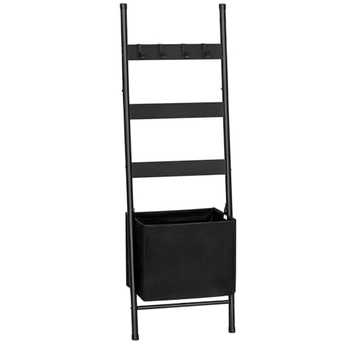HOOBRO Blanket Ladder with Basket 17.3L x 63.4H Towel Rack with Hooks Blanket Holder Rack Decorative Ladder Shelf Drying and Display Rack for Bathroom Living Room Black BB31CJ01