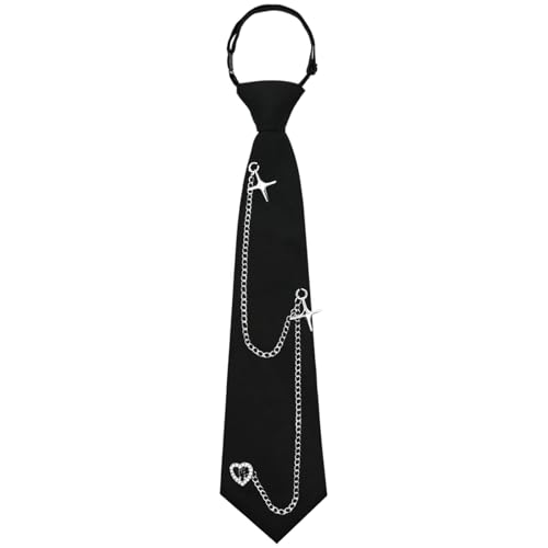 LJBFNN Black Ties for Women, Womens Tie with Punk Metal Chain 2.76'' Pre-Tied Necktie for Girl School Uniform Shirt Accessory (Black-Star)