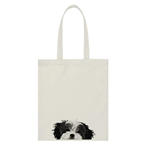WIRESTER Reusable Canvas Tote Bag for Women Girls, Beach Bag, Grocery Shopping Bag, Shoulder Bag, Travel Tote Bag - Black White Shih Tzu Dog