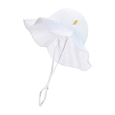 DASMINI Baby & Toddler Wide Brim Sun Hats UPF 50+ Sun Protection Bucket Cap Cute Adjustable Hat (wht Seersucker, 0-6M) Cover