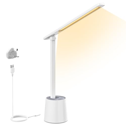 LONGTOO LED Desk Lamp,Dimmable Eye-Caring Table Lamp with 5 Color Modes,5 Brightness,3 Night Light Modes,Touch Control,Memory Function,9W Desk Lamp for Bedroom,Office,Reading,Study,White