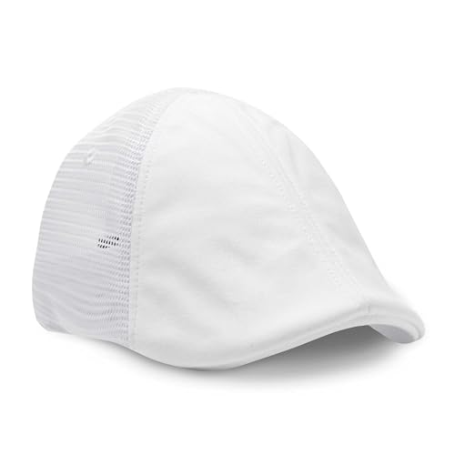 The Original Boston Scally Cap - The Mesh Trucker Mens Flat Hat - Six Panel Newsboy Cap for Men - White/White - ML