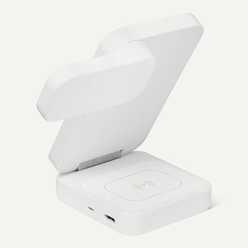 Image of Amazon Basics MagSafe Compatible 25W Fast Charging Qi2.2 Certified 3-in-1 Wireless Charging Station, Foldable Stand for iPhone 17 /16 /15 /14 /13 /12, Apple Watch, AirPods, with 45W Adapter, White