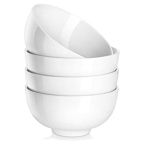 MALACASA 26 oz Porcelain Soup Bowls, 6" Cereal Bowls - White Bowls Set of 4 Cover