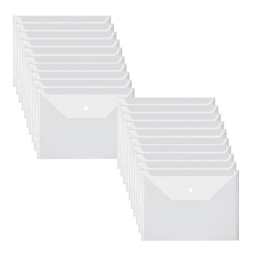 Sobres de plástico transparente A4 con botón para organizar documentos en pack de 20 unidades