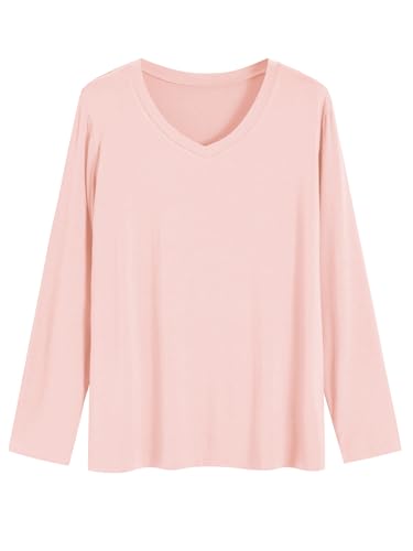 Latuza Women's Viscose Long Sleeve Sleep T-Shirt V Neck Pajama Top S-3X, Light Pink, 3X-Large Plus