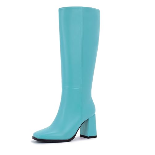 Image of Knee High Boots for Women - Wide Calf Boots with Zipper, Square Toe Tall Leather Boots, Chunky Heel Fashion Long Boots