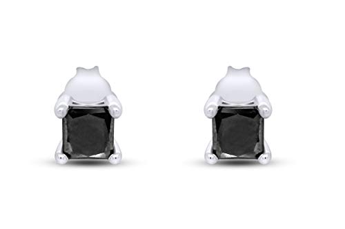 1/2 Ct Princess Black Natural Diamond Solitaire Stud Earrings For Men Women 14K White Gold Post Clutch & Sterling Silver (0.50 Carat) #TOP1