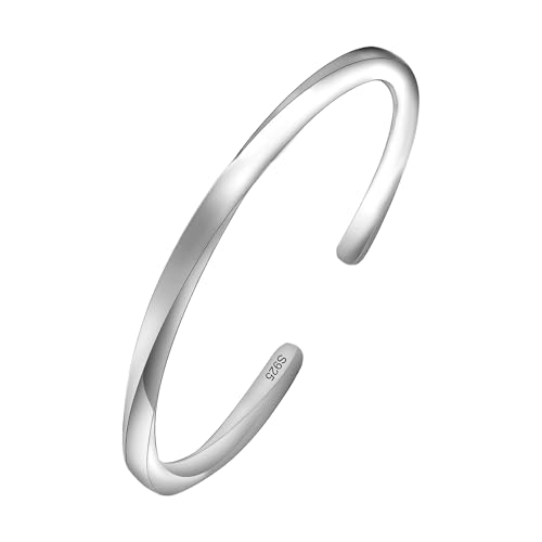 4mm Thick 925 Sterling Silver Twist Mobius Bracelet for Women Men, Adjustable Infinity Symbol Cuff Bangle, Birthday Christmas Jewelry Gift (2 Styles: High Polished & Retro)