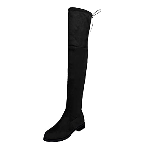 Bottes cuissardes plates en daim noir pour femme avec fermeture éclair