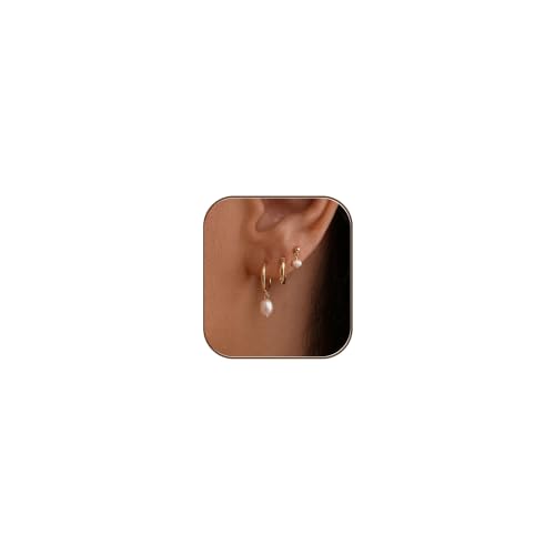 Image of Gold Earrings for Women, 14k Gold Plated Dangle Huggie Earrings for Women Trendy Dainty Gold Hoop Earring Stacks Hypoallergenic Pearl Chain Drop Cartilage Earring Fashion Womens Jewelry