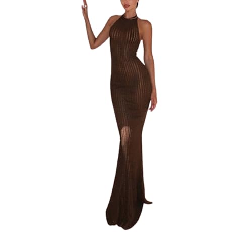 QNI Maxi Halter Neck Lace-up Crochet Dress - Backless Bodycon