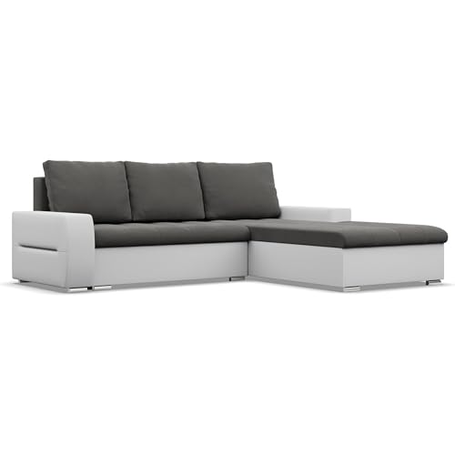 Mebligo - Ecksofa mit Schlaffunktion und Bettkasten Aurora, Eckcouch mit Ottomane Rechts, Sofa L Form (BxTxH) 243 x 200 x 92 cm, Couch Wohnzimmer, Ecke Sofa, Dunkelgrau + Grau (Samt und Kunstleder)
