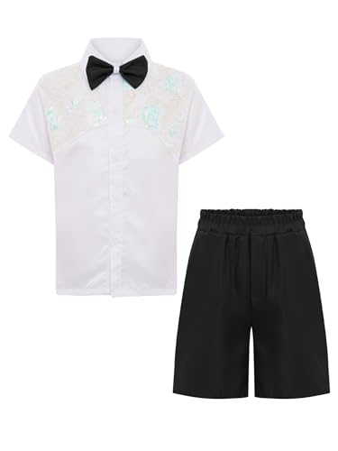 Kids Boys Dance Competition Set Sparkly Sequin Shirt with Turn-Down Collar Matching Shorts Bow Performance Outfit3