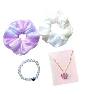 Image of Gift Hamper Combo for Women & Girls 2 Scrunchies, 1 Butterfly Neck Piece, 1 Evail-Eye Heand Breaclate with Box (Purpul & White)