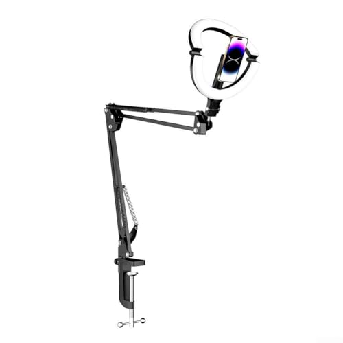 Anillo de luz ajustable con brazo de soporte magnético, soporte de teléfono superior con escritorio de luz de anillo, control de brillo de 10 pasos para creación de contenido, videollamadas y