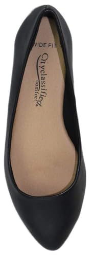 City Classified Women Casual Flat Office Shoes Wide Width Fit Pointy Toe W-Hold Leather Black PU 82