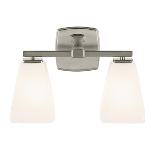 Image of Kichler Marant 2-Light Bathroom Vanity Light Fixture with Opal Glass, 14.25 inch Modern Wall Mount Light in Brushed Nickel for Bathroom, Powder Room, Over Mirror (14.25 inch W x 9.5 inch H), 55215NI