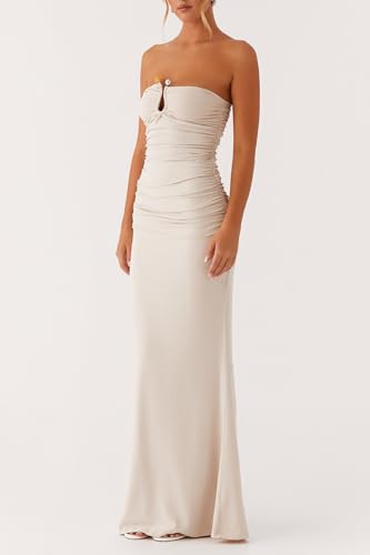 Image of Cut Out Maxi Tube Dresses for Women Sexy Y2k Strapless Backless Bodycon Long Dress Summer Sleeveless Hollow Sundress