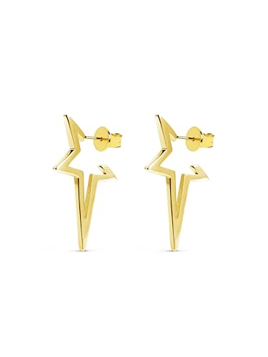 SINGULARU - Pendientes Star Punk. Plata de Ley 925 con Acabado Baño de Oro de 18 Kt. Estrella Cierre Tuerca a Presión. Joyas para Mujer