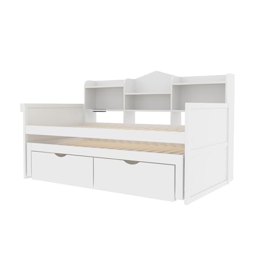 REXO Sofá cama 90 x 200, cama nido 90 x 190 cm, con dos cajones, gran compartimento de almacenamiento y cesta de almacenamiento, enchufe USB, cama individual de madera, color blanco - imagen 6