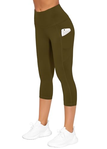 Image of THE GYM PEOPLE Thick High Waist Capris Yoga Pants with Pockets, Tummy Control Workout Running Yoga Leggings for Women