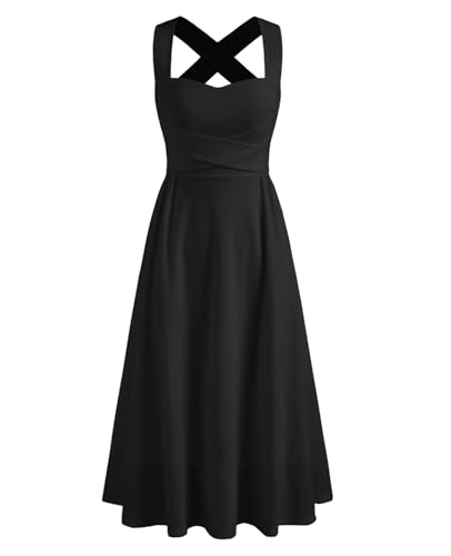 JKMNAO Women Wedding Guest Corset Midi Dress Summer Flowy A Line Crossing Straps Tea Party Dresses for 2026 Black