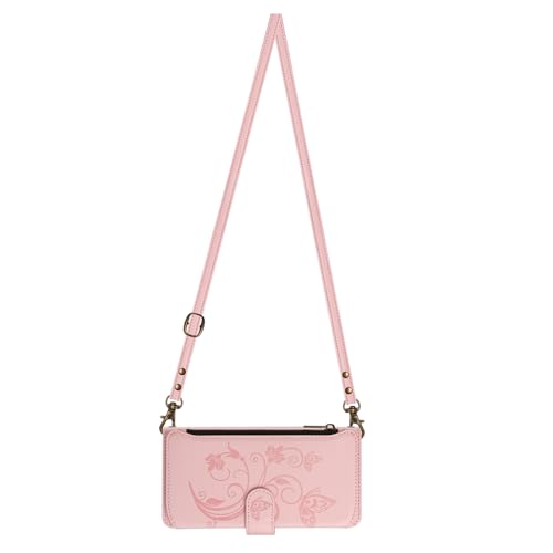 「Olier」iPhone 16e 用 ケース 手帳型 アイフォン16e 用 カバー 美しい 花と蝶柄 レザーケース ファスナー付き 6枚カード収納 スタンド機能 耐衝撃 財布型 カバー 肩掛け 首かけ 斜めがけ ストラップ長さ調整でき スマホケース