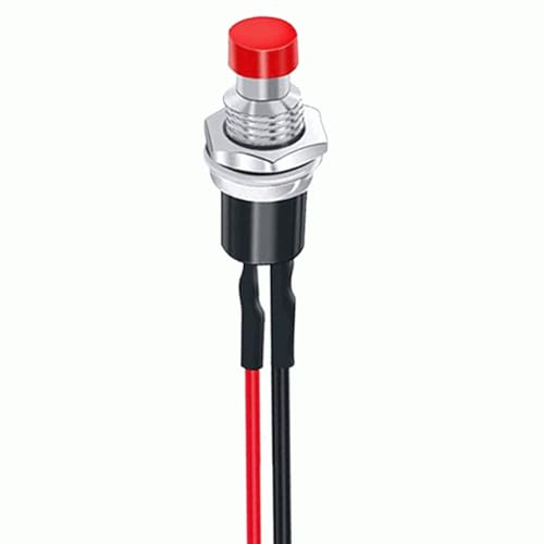 Interruptor de botón pulsador, Botón de encendido/apagado, Interruptor de botón momentáneo, Botón pulsador SPST, Diámetro del botón 7 mm, 1A 250VAC, 2 pines con cable, Rojo