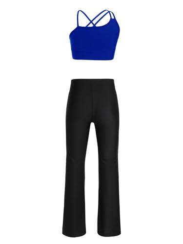 Mufeng Kids Girls 2Piece Jazz Dance Sports Outfits Sleeveless Crop Tank Top Bra with Flared Pants Bottoms Dancewear Set Royal Blue 8 Years